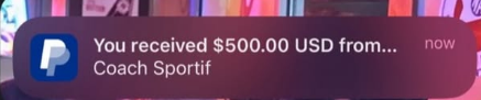 PayPal – $500 received from Coach Sportif